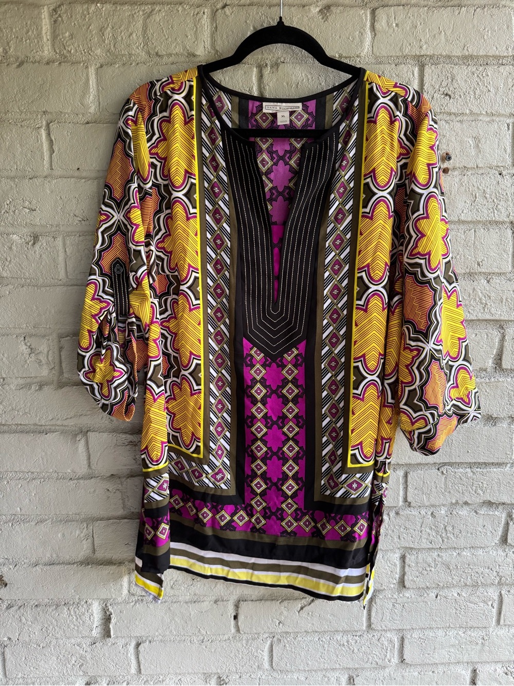 Dana Buchman Yellow,Purple ,Black 60’s70’s Printed Tunic Top Sz XL EUC Boho
